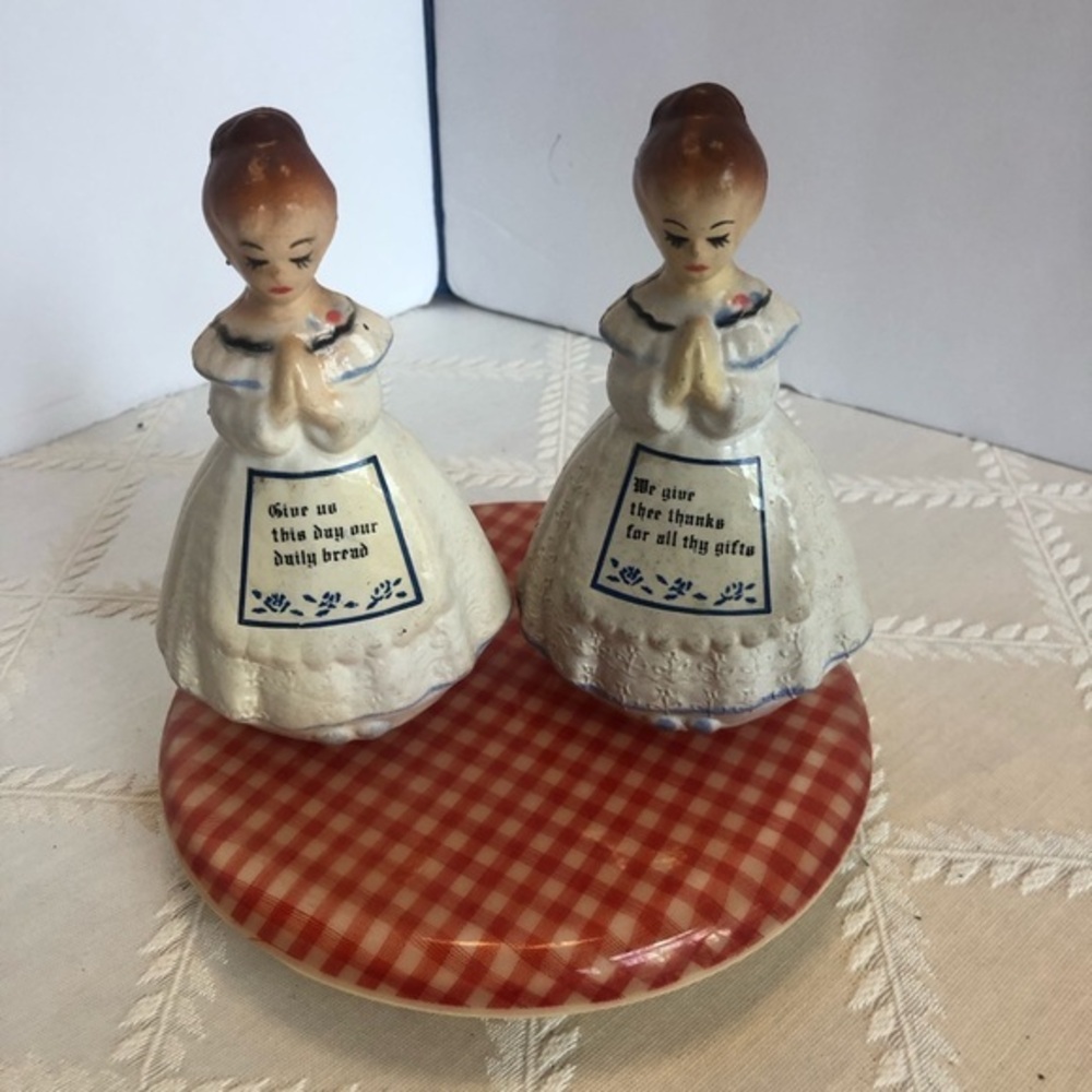 Vintage 1960's Plastic Prayer Lady Salt & Pepper Shakers Daily Bread Hong Kong